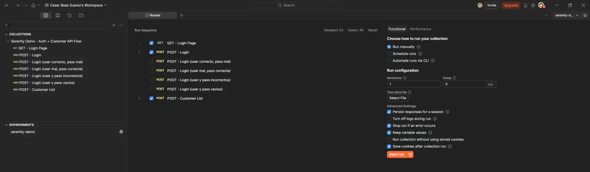 Postman Runner con configuración de la colección: GET Login Page, POST Login y POST Customer List seleccionados, Advanced Settings visibles