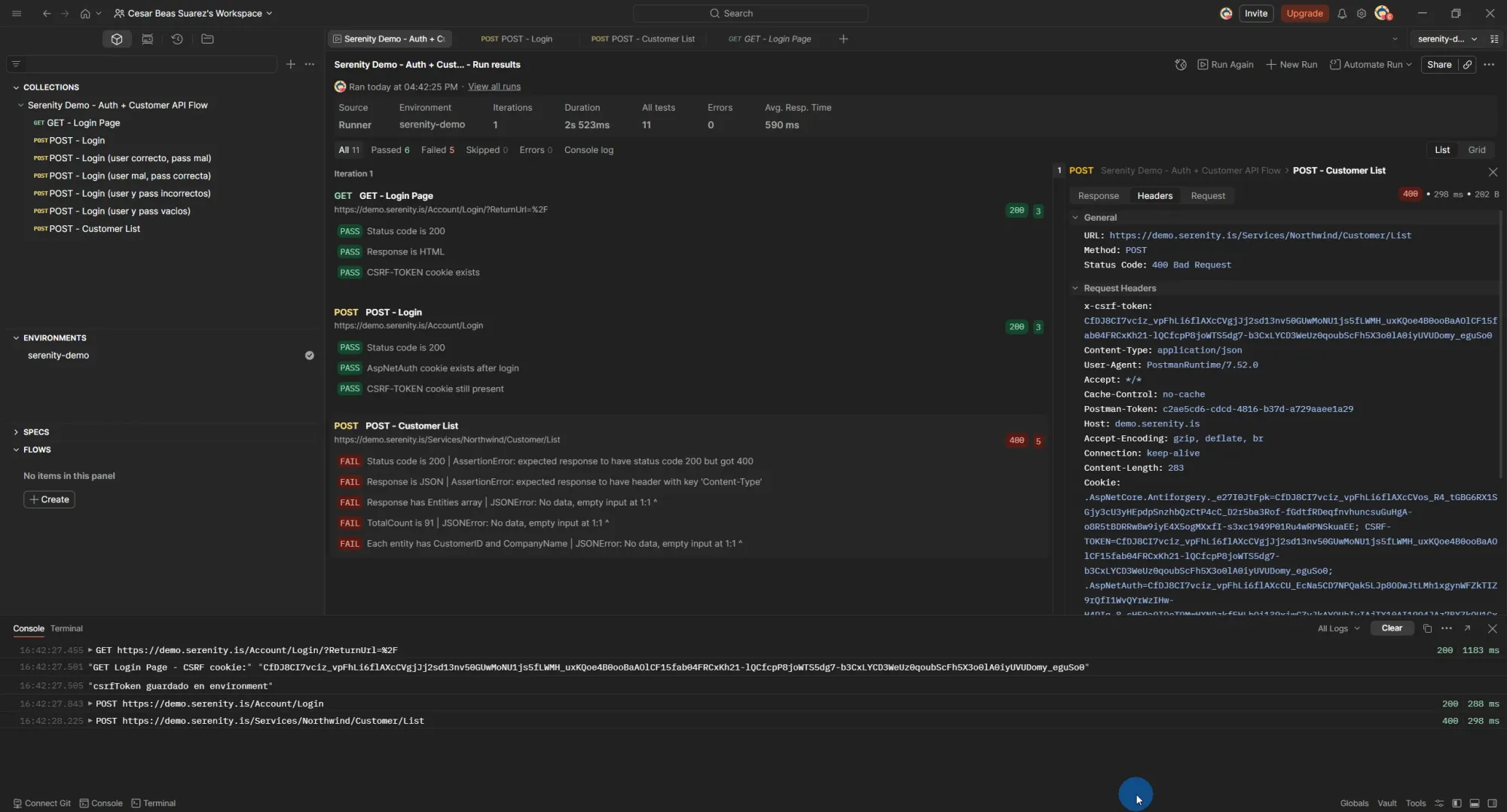 Postman Runner con Customer List fallido 400, Request Headers mostrando x-csrf-token enviado correctamente, Console con csrfToken guardado en environment