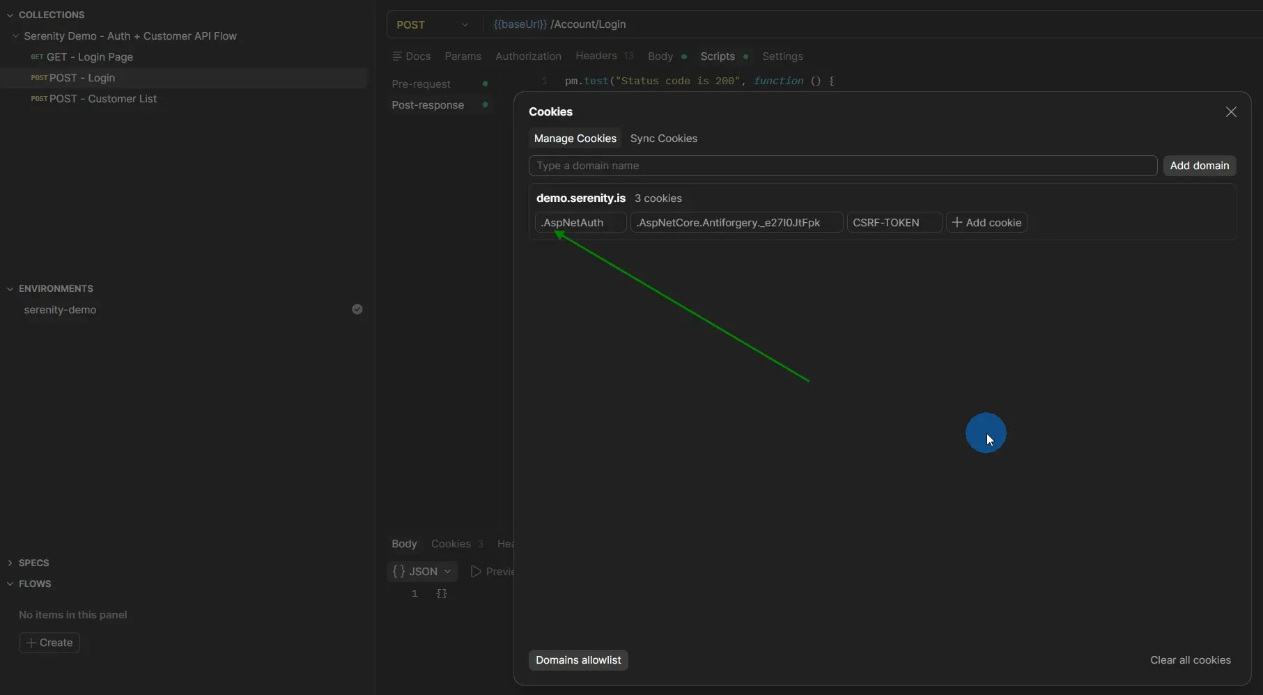 Postman cookie jar showing three cookies for demo.serenity.is: .AspNetAuth, .AspNetCore.Antiforgery and CSRF-TOKEN with arrow pointing to .AspNetAuth