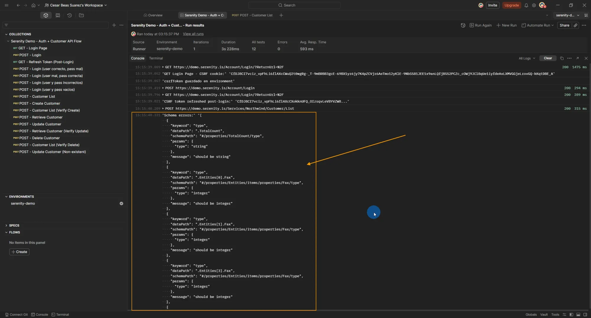 Postman Console flooded with raw schema errors showing repeated Fax type validation failures for every entity without error grouping