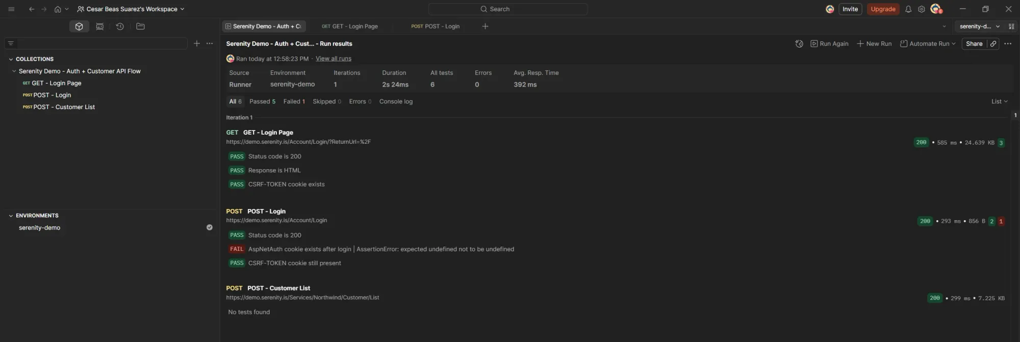 Postman Collection Runner showing FAIL on AspNetAuth cookie assertion with error expected undefined not to be undefined