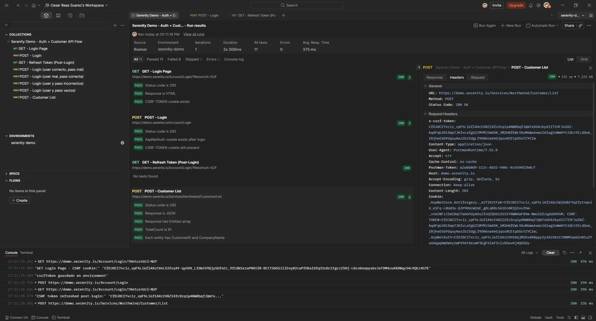Postman Runner con solución final: GET Refresh Token en la colección, 11 passed 0 failed, Console con CSRF token refreshed post-login, Customer List 200