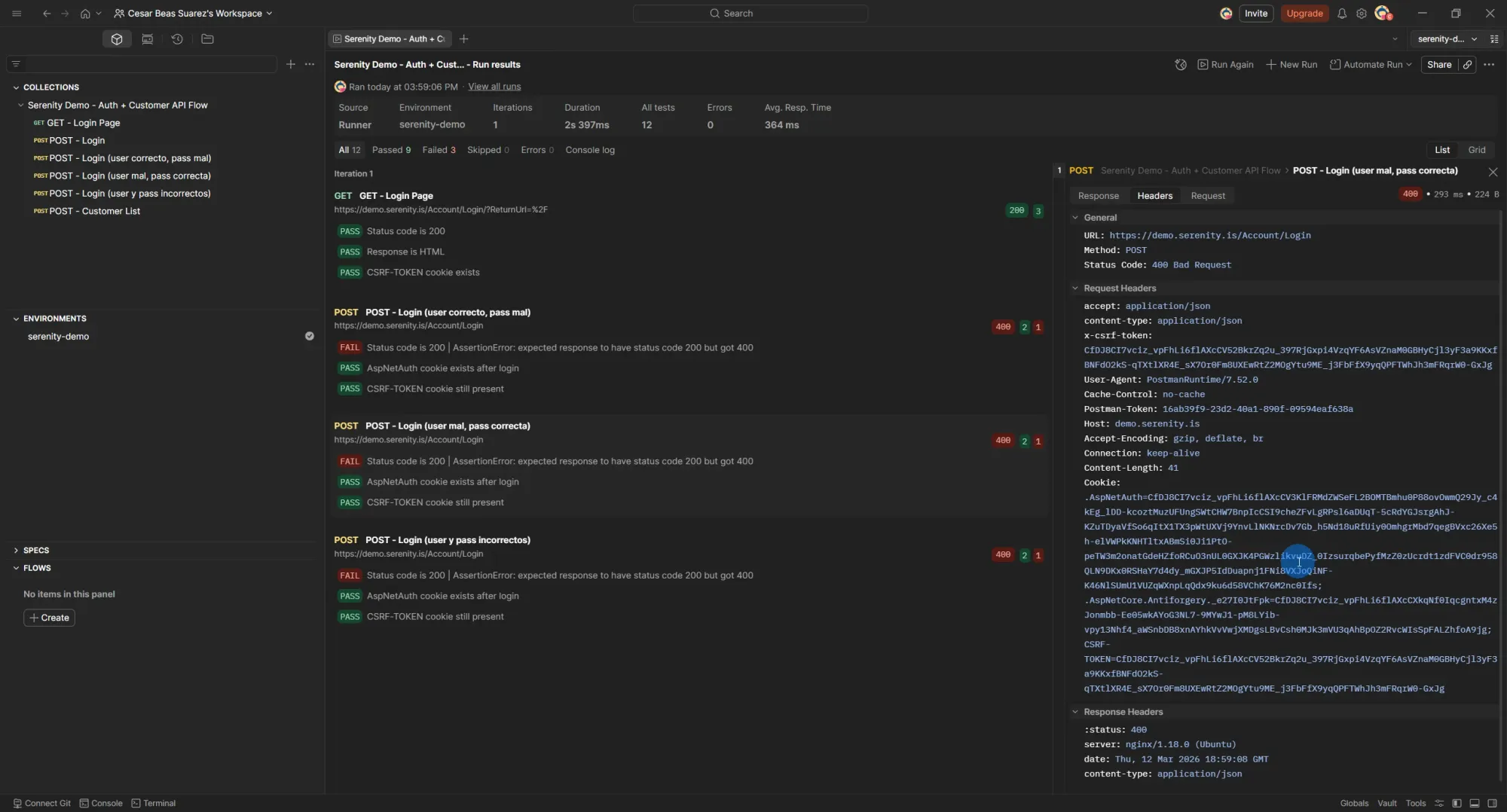 Corrida con assertions de login exitoso