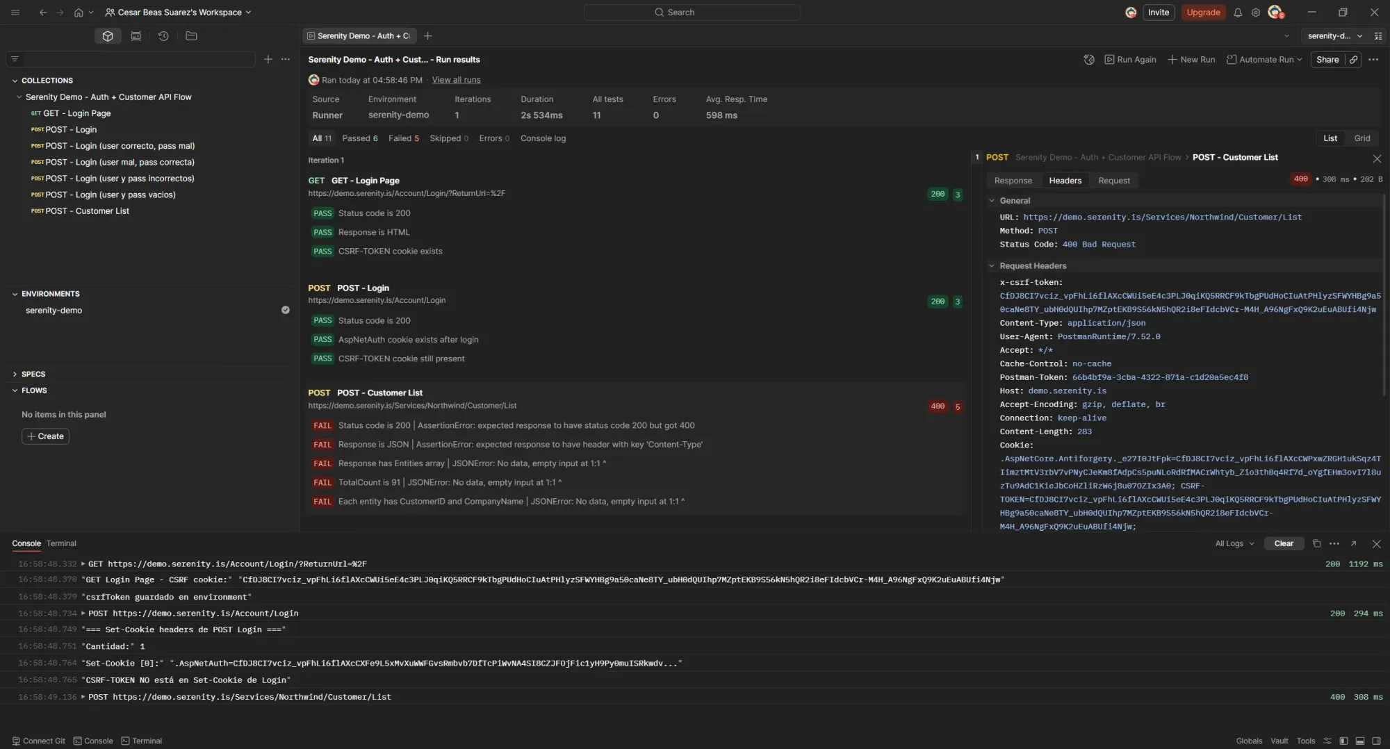 Postman Runner con Console mostrando debug de Set-Cookie headers de POST Login: Cantidad 1, solo AspNetAuth, CSRF-TOKEN NO está en Set-Cookie