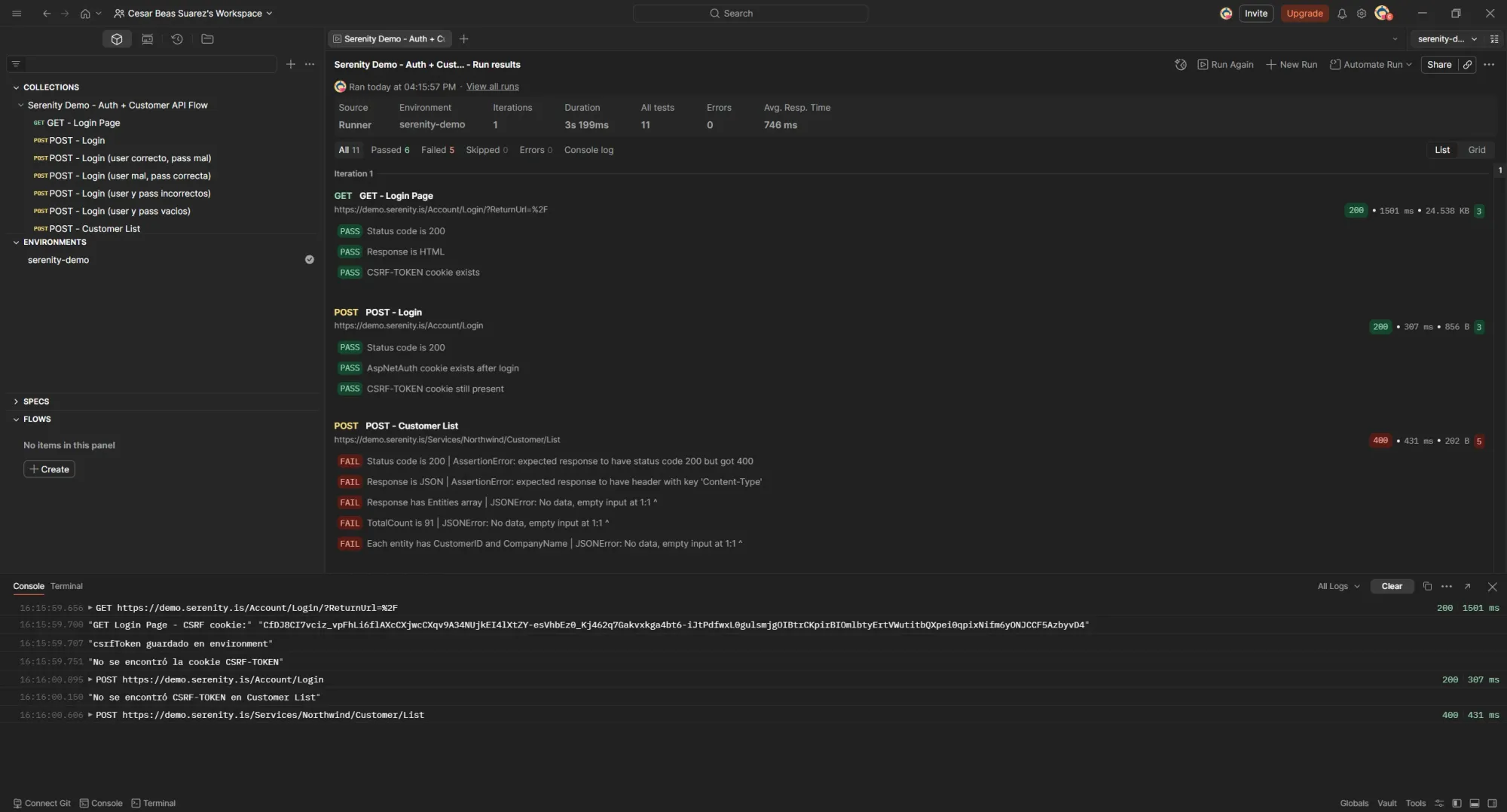 Postman Runner primera corrida fallida con Console mostrando csrfToken guardado, No se encontró la cookie CSRF-TOKEN, Customer List 400