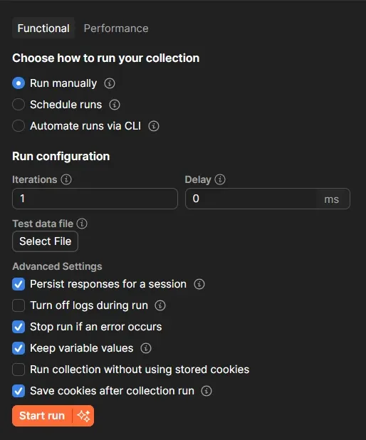 Configuración del Postman Runner: Run manually, 1 iteración, Persist responses, Stop on error, Keep variable values, Save cookies activados