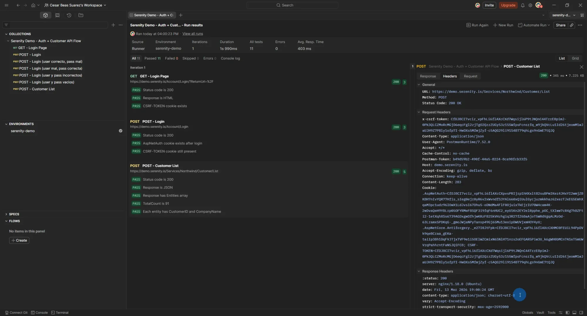 Postman Runner con 11 tests passed, Customer List con Status Code 200 OK y Request Headers visibles