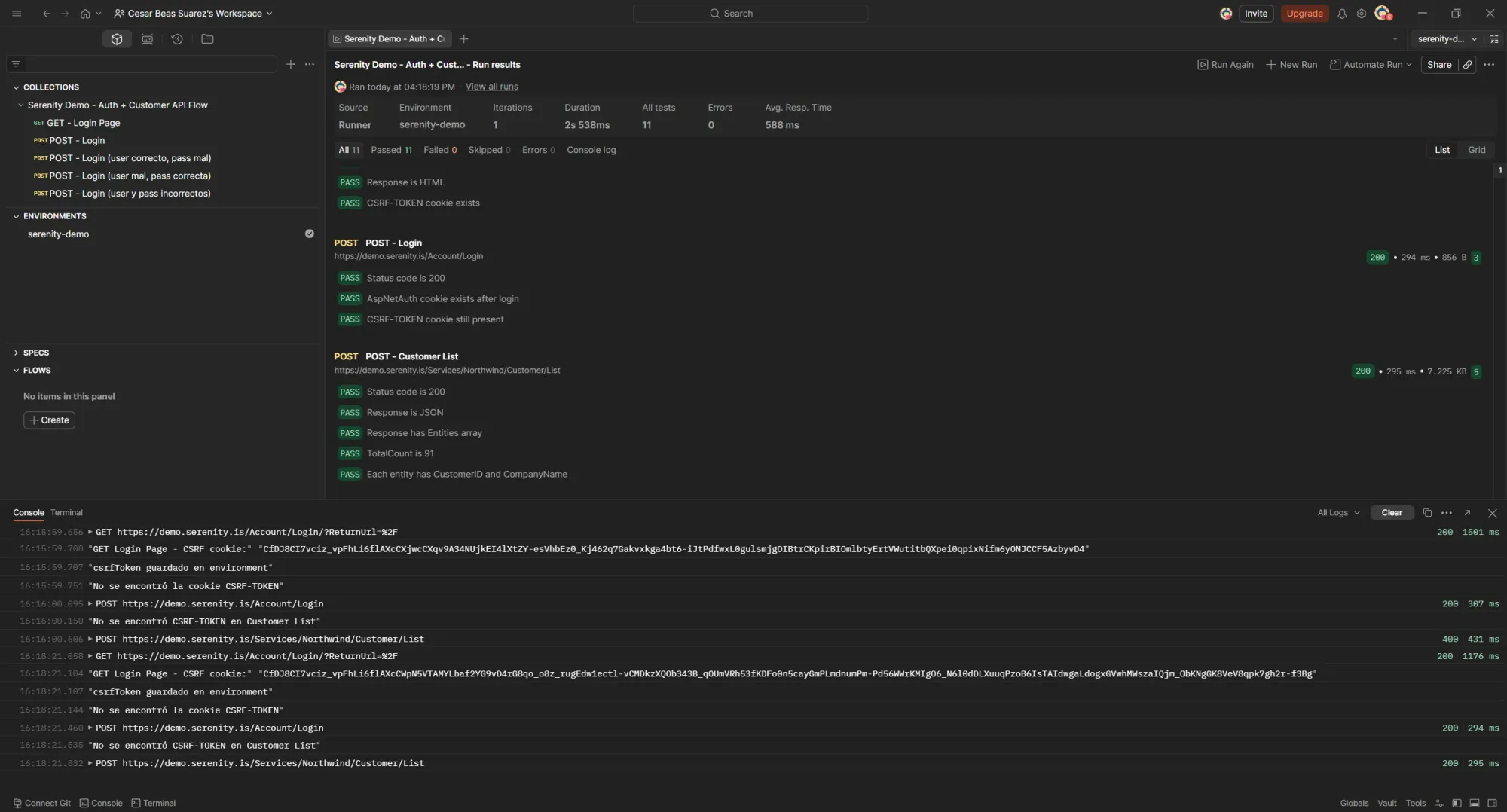 Postman Runner segunda corrida exitosa 11 passed, Console mostrando logs de ambas corridas incluyendo la primera fallida con 400 y la segunda exitosa con 200