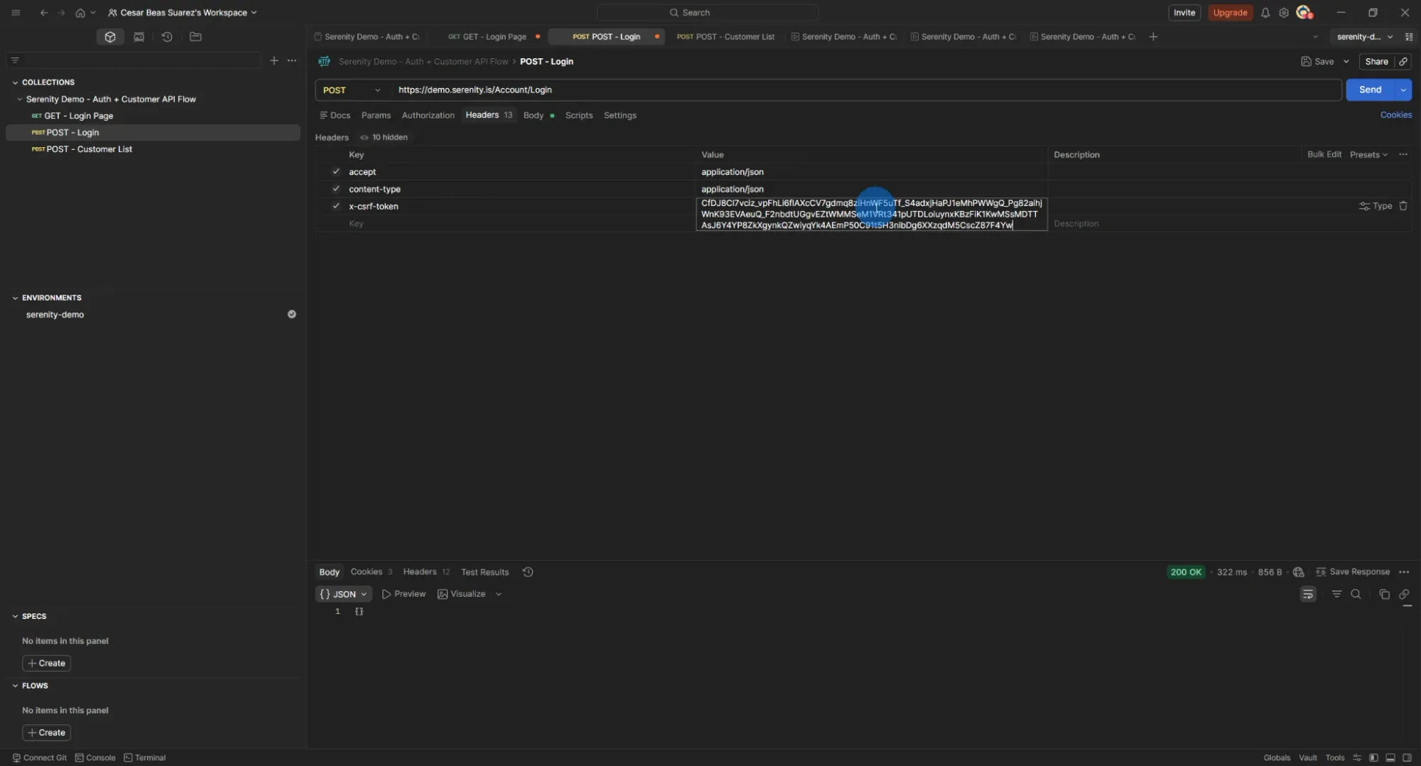 Postman POST Login request showing headers with hardcoded x-csrf-token value