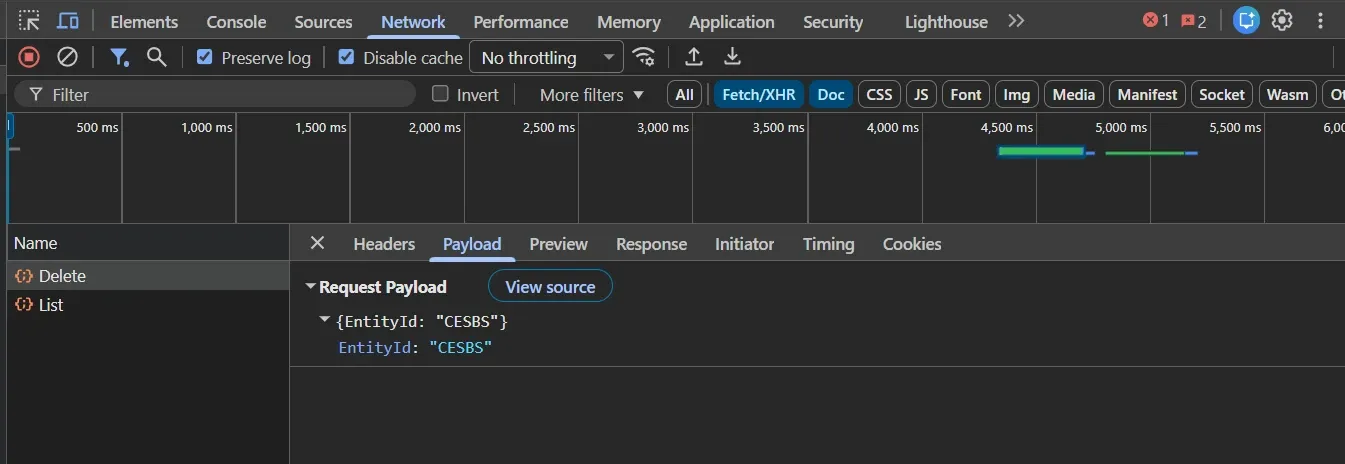 DevTools Payload tab showing Delete request body with EntityId CESBS