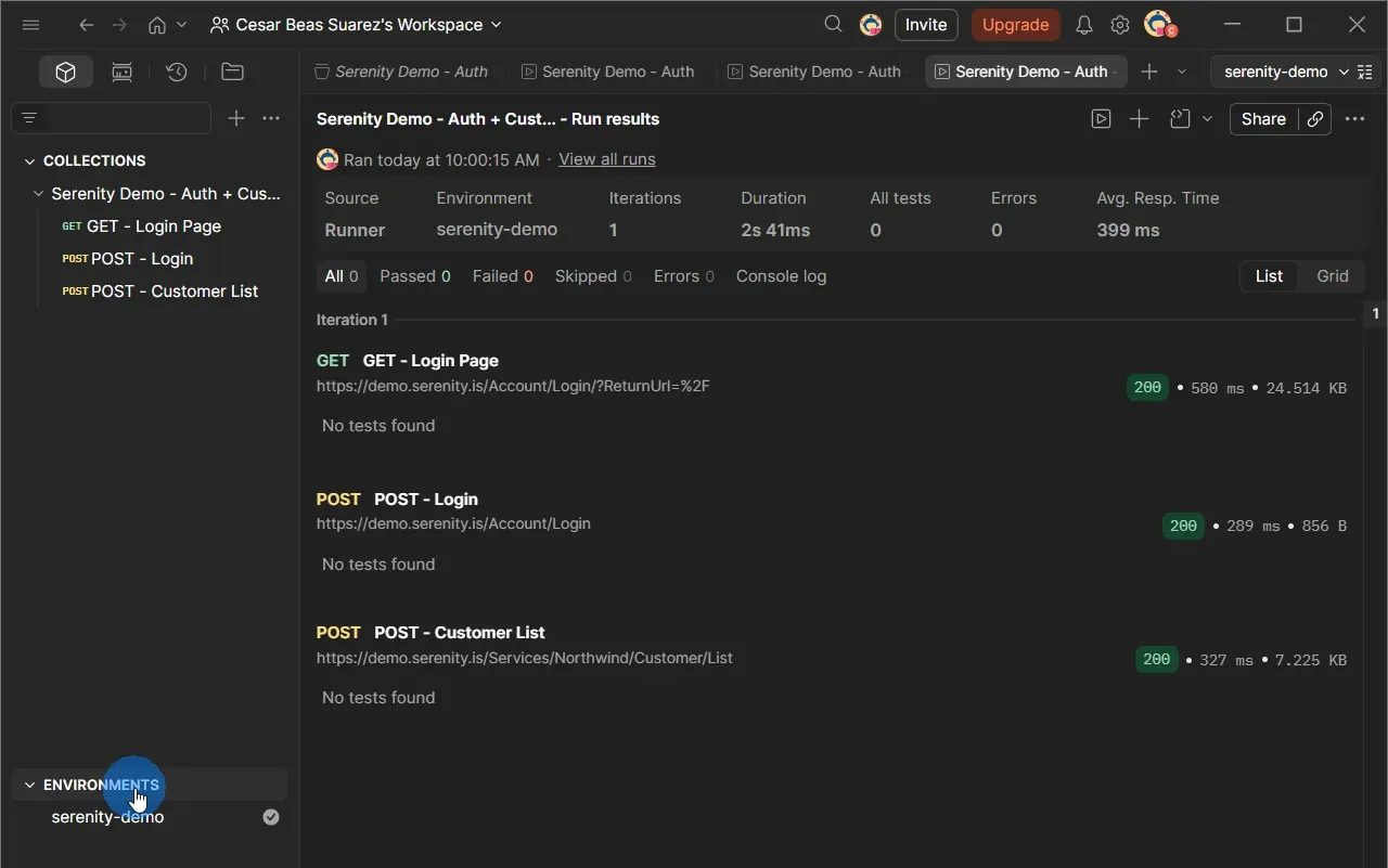 Postman Collection Runner showing No tests found on all three requests with 0 tests total