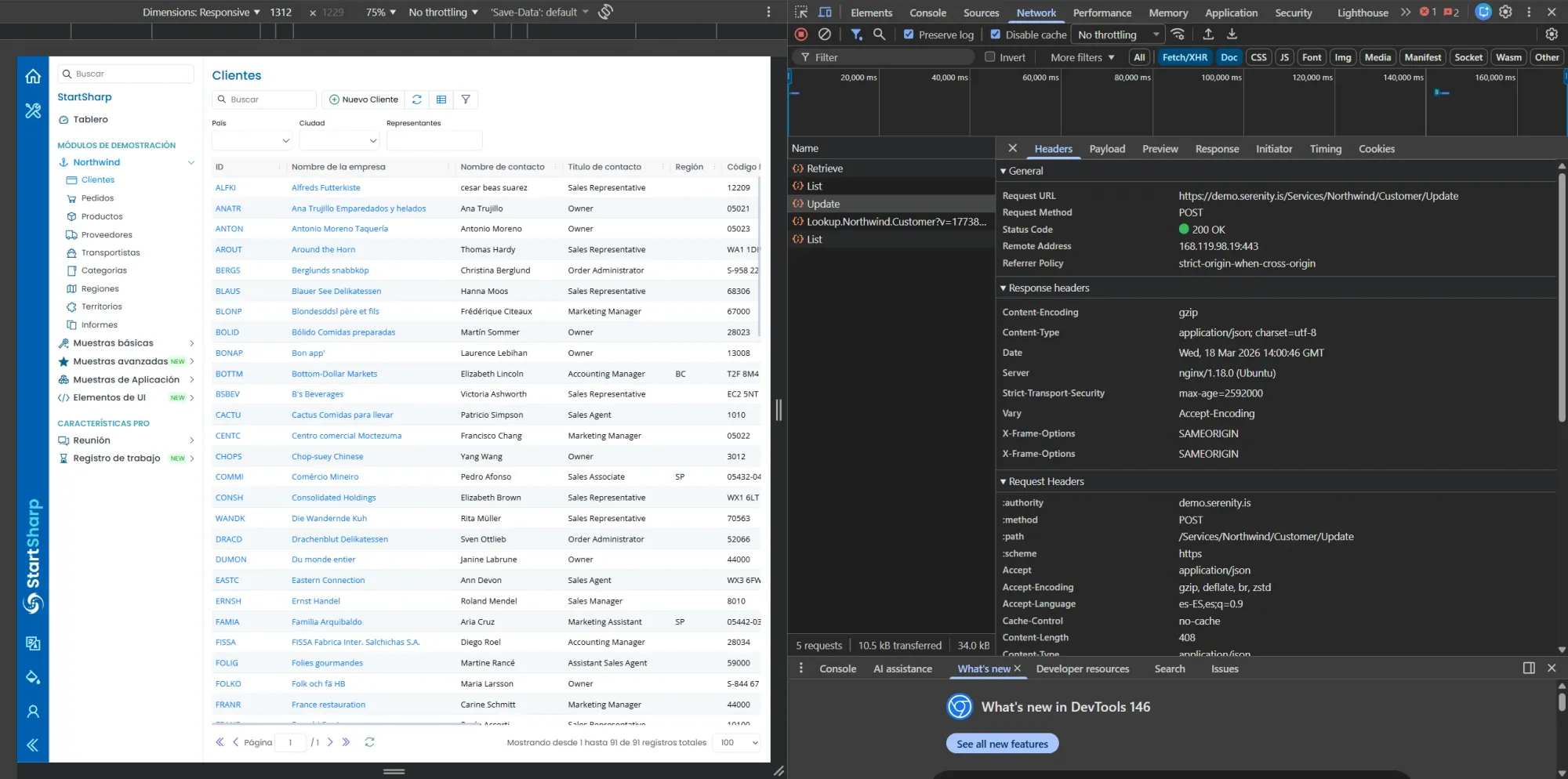 Serenity Demo customer grid with ALFKI ContactName changed, DevTools showing Update request POST Services Northwind Customer Update 200 OK