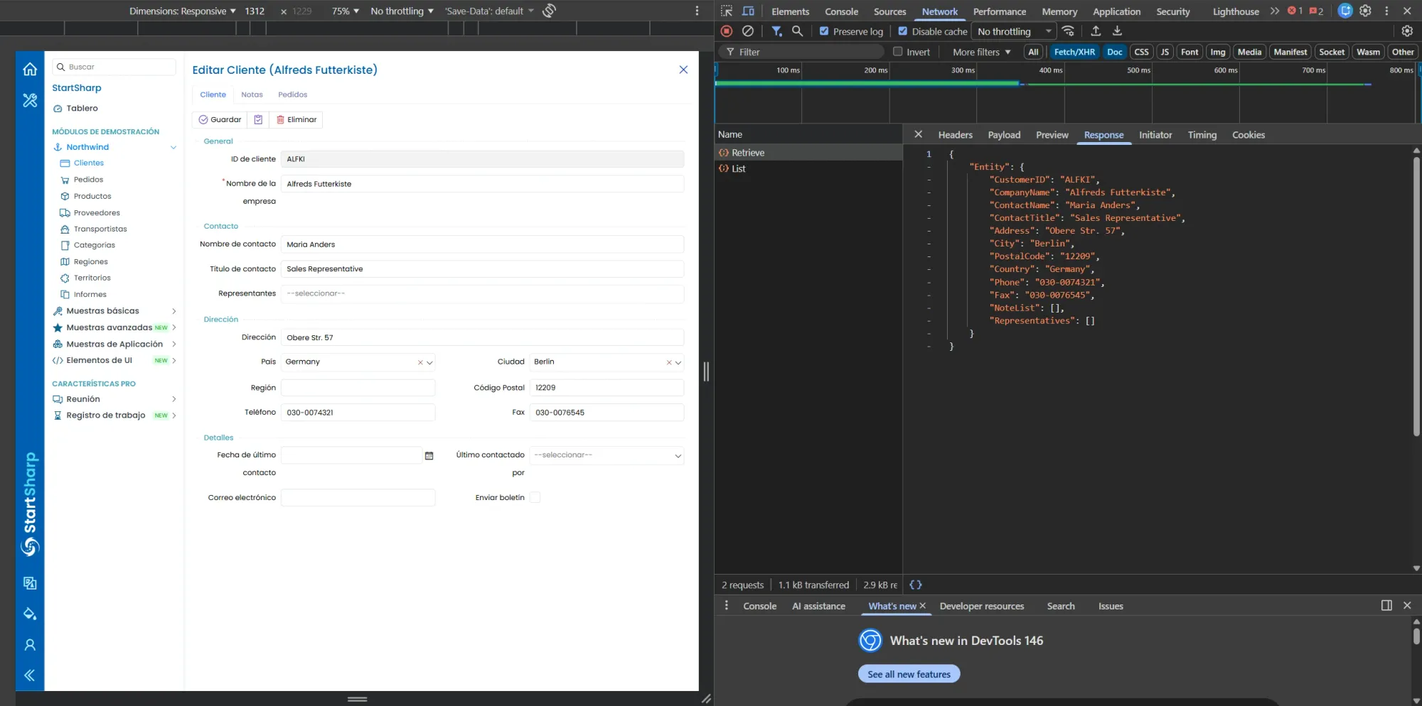 DevTools Response tab showing Entity object with CustomerID ALFKI, CompanyName Alfreds Futterkiste, ContactName Maria Anders, Address Obere Str 57, City Berlin, Country Germany and all customer fields