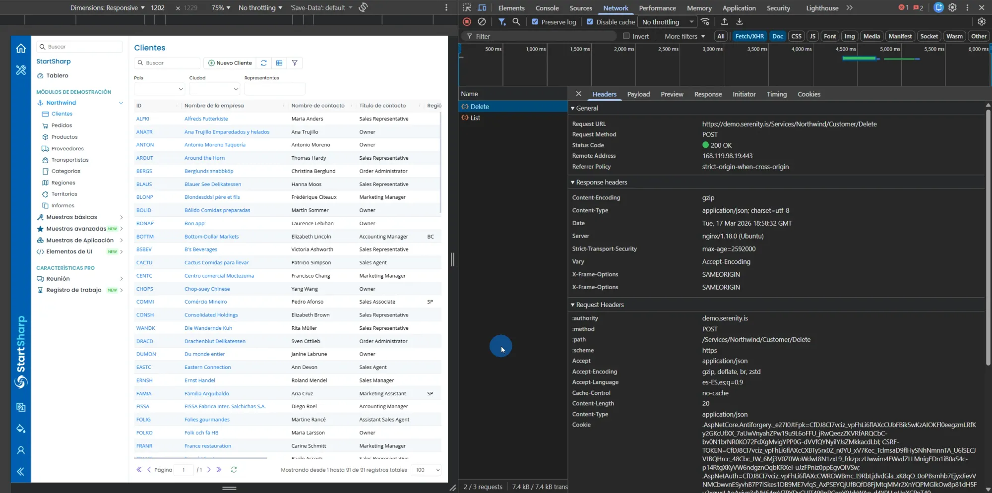 DevTools Network showing Delete request with POST method to Services Northwind Customer Delete, Status 200 OK, grid showing 91 records