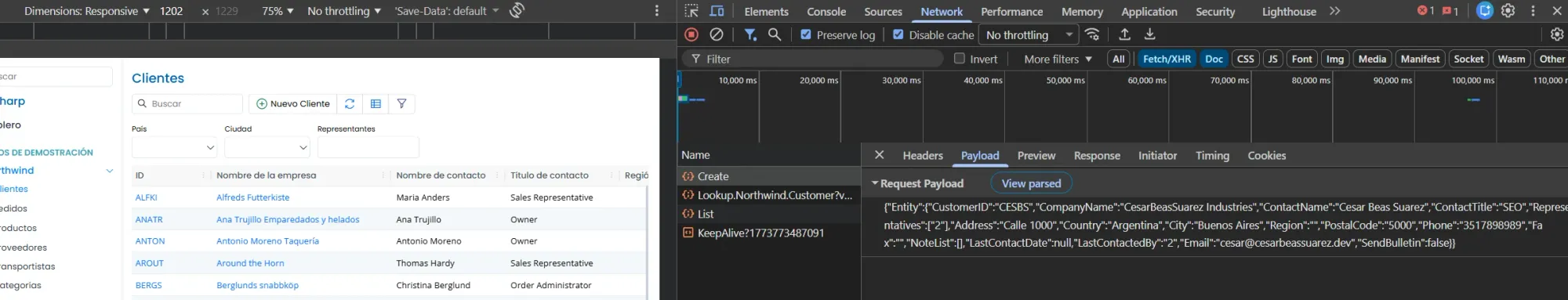 DevTools Payload tab showing raw JSON body of Create request with Entity object containing CustomerID CESBS and all customer fields