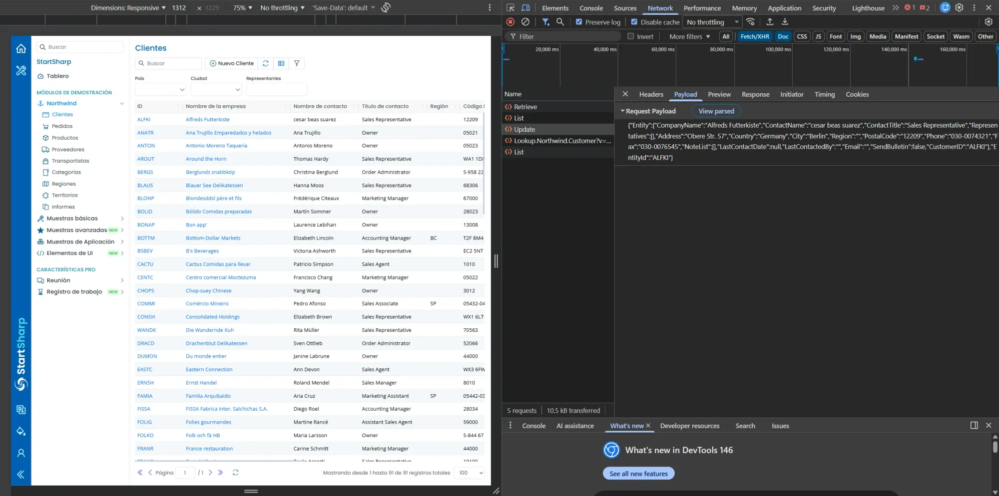 DevTools Payload tab showing Update request body with all customer fields, ContactName cesar beas suarez, and EntityId ALFKI at root level