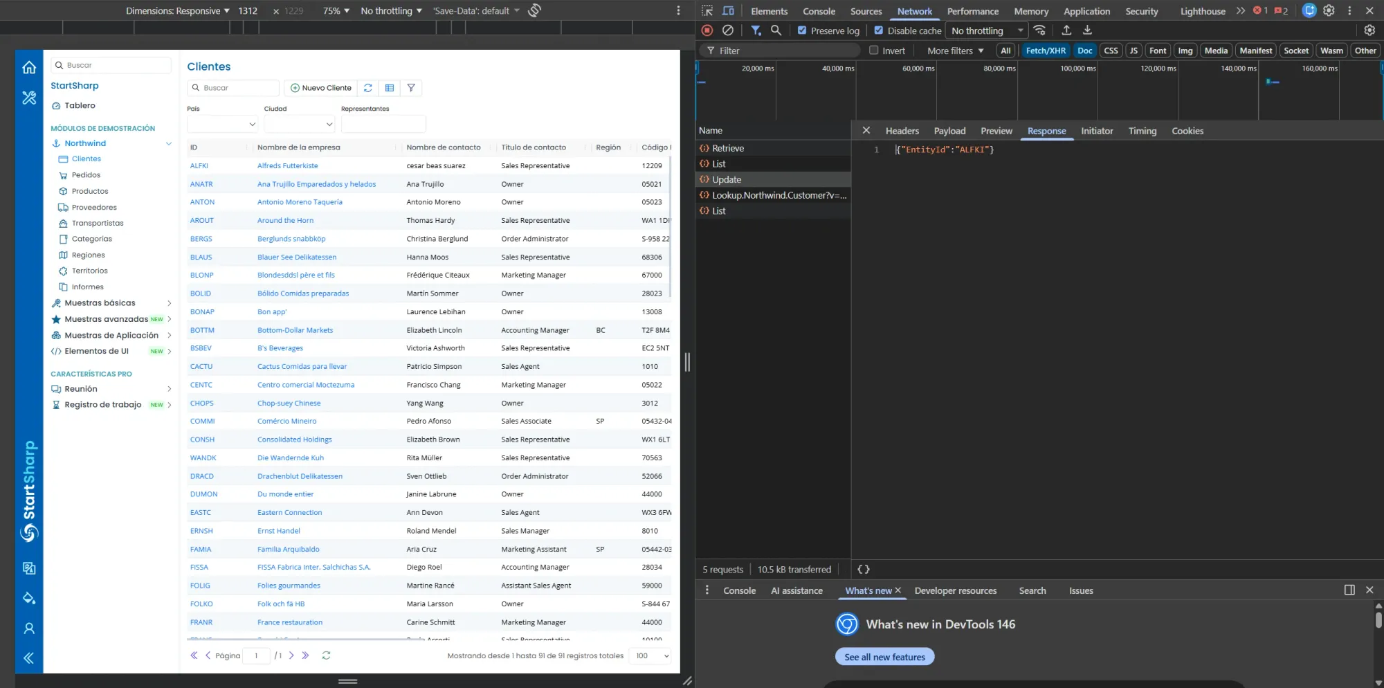 DevTools Response tab showing EntityId ALFKI as the Update response, customer grid visible with 91 records and ALFKI row showing cesar beas suarez as ContactName