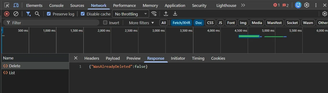 DevTools Response tab showing WasAlreadyDeleted false for Delete request