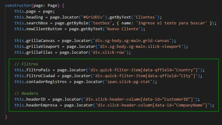 Código del constructor de ClientesPage mostrando los locators nuevos de filtros con data-qffield Country y City y headers con data-id CustomerID y CompanyName