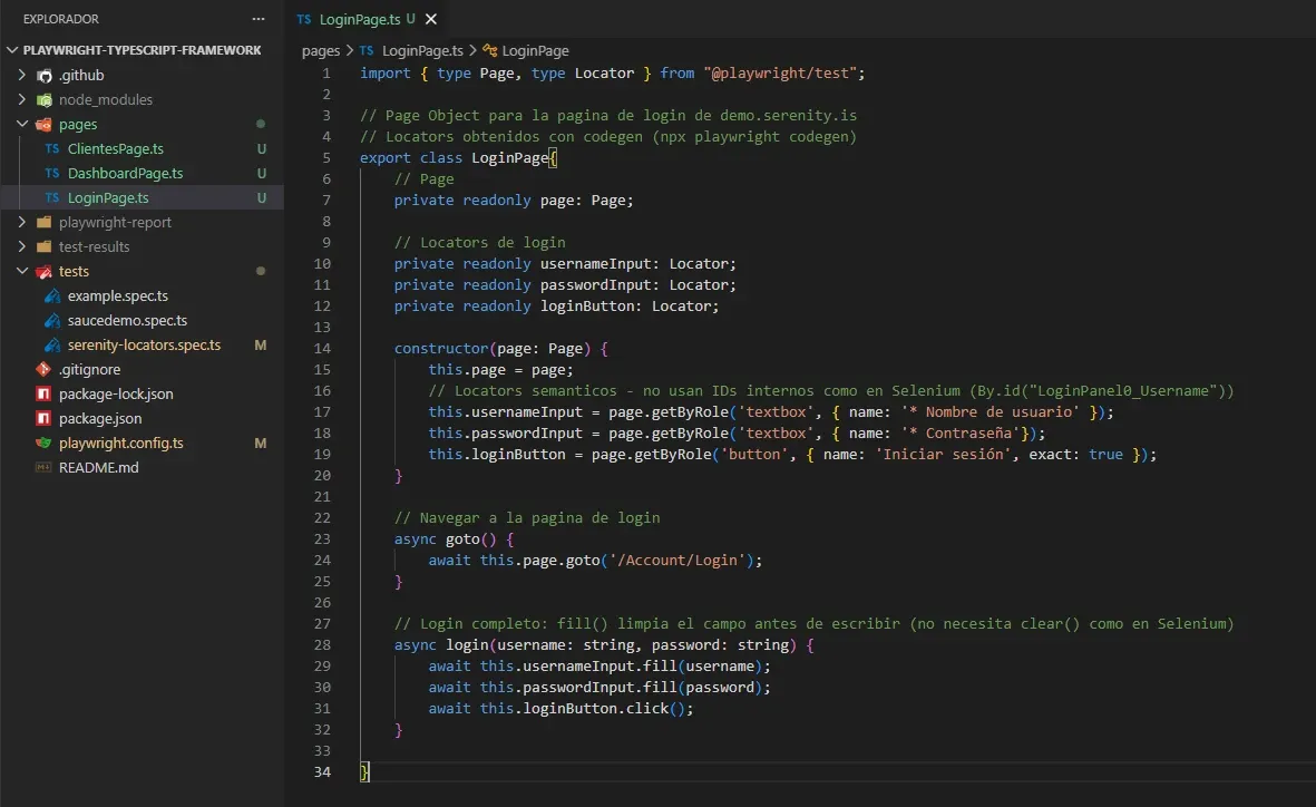 LoginPage.ts en VS Code con locators semánticos getByRole y métodos goto y login para demo.serenity.is