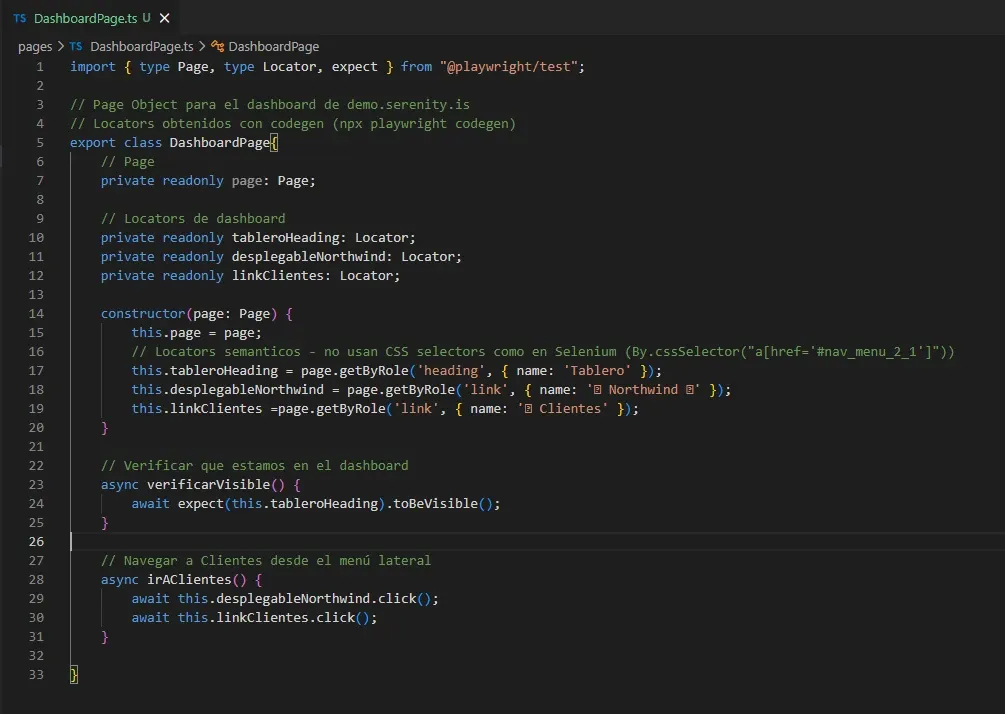 DashboardPage.ts en VS Code con locators de heading Tablero y links de navegación a Northwind y Clientes