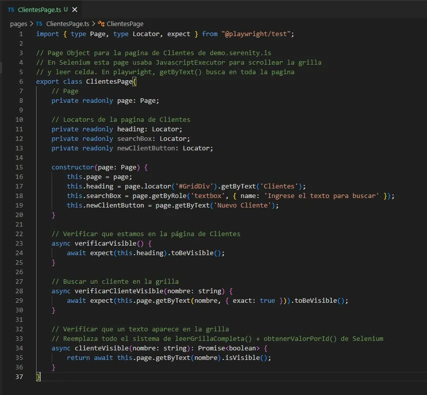 ClientesPage.ts en VS Code con métodos verificarVisible verificarClienteVisible y buscarCliente para grilla de demo.serenity.is