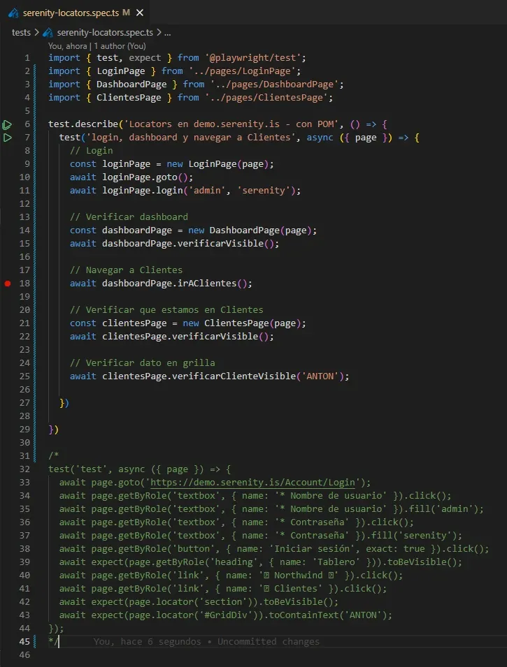 Test refactorizado con POM mostrando imports de pages y métodos sin locators inline y código viejo comentado abajo