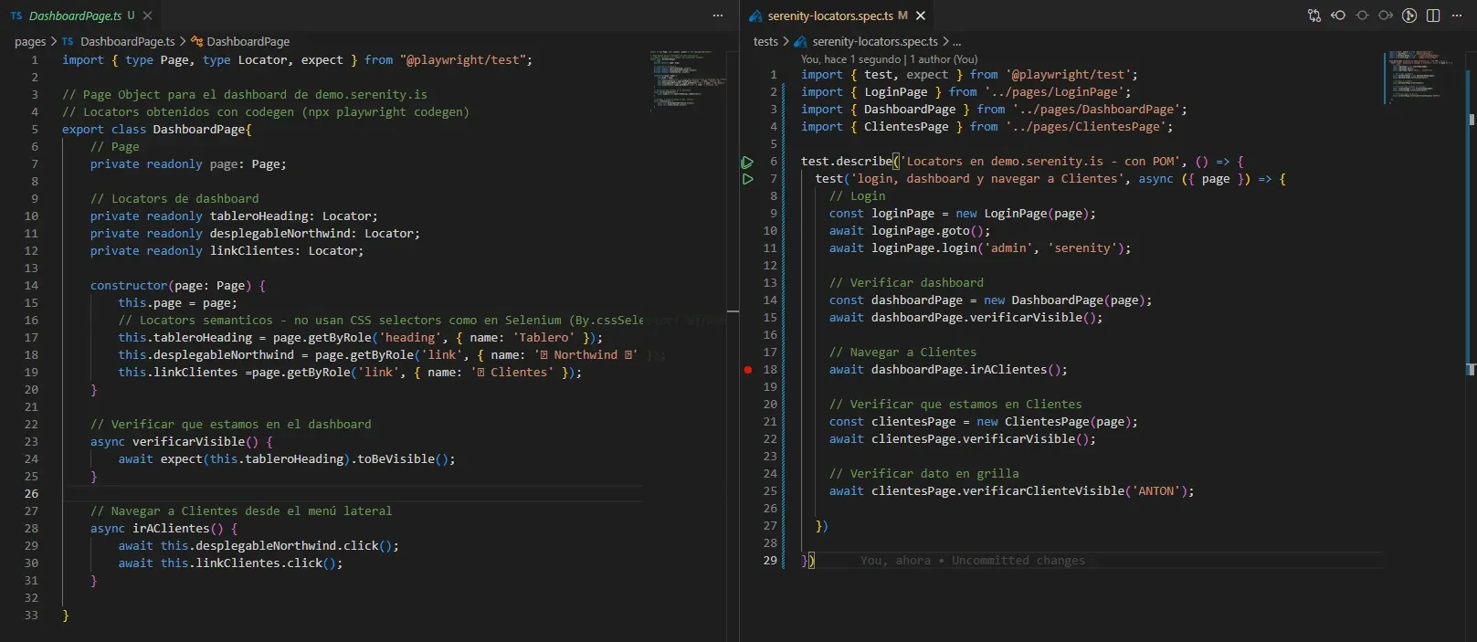 VS Code en split view con DashboardPage.ts a la izquierda y test refactorizado con POM a la derecha