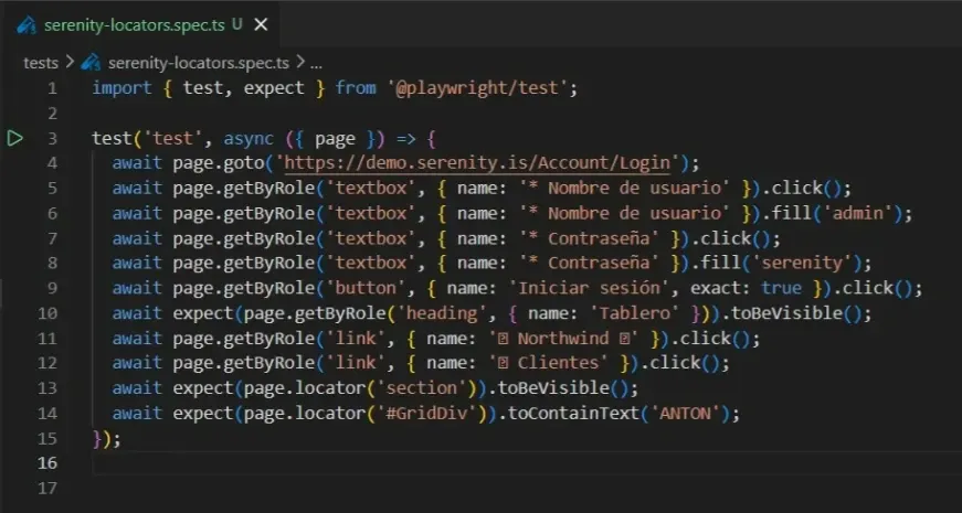 Test original del Post 2 en serenity-locators.spec.ts con locators inline sin Page Object Model y URL hardcodeada