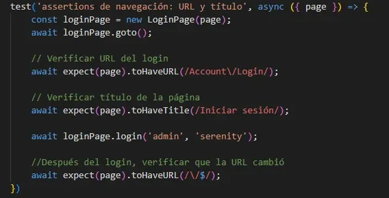 Código del test assertions de navegación con toHaveURL y toHaveTitle verificando login y redirección post-login