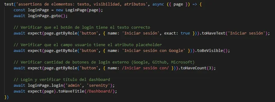 Código del test assertions de elementos con toHaveText toBeVisible toHaveCount y toHaveTitle verificando botones y login externo