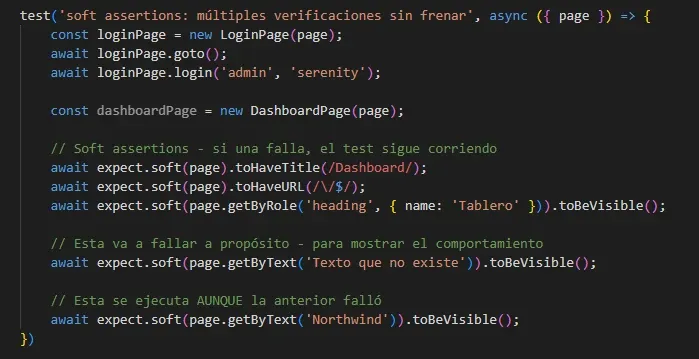 Código del test soft assertions con expect.soft verificando título URL heading y una assertion intencional de Texto que no existe