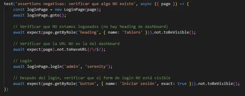 Código del test assertions negativas con not.toBeVisible y not.toHaveURL verificando estado pre y post login
