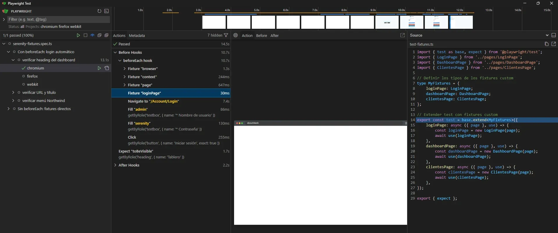 UI Mode mostrando Fixture loginPage entre Fixture page y Navigate to Account Login con código de test-fixtures.ts en panel Source a la derecha