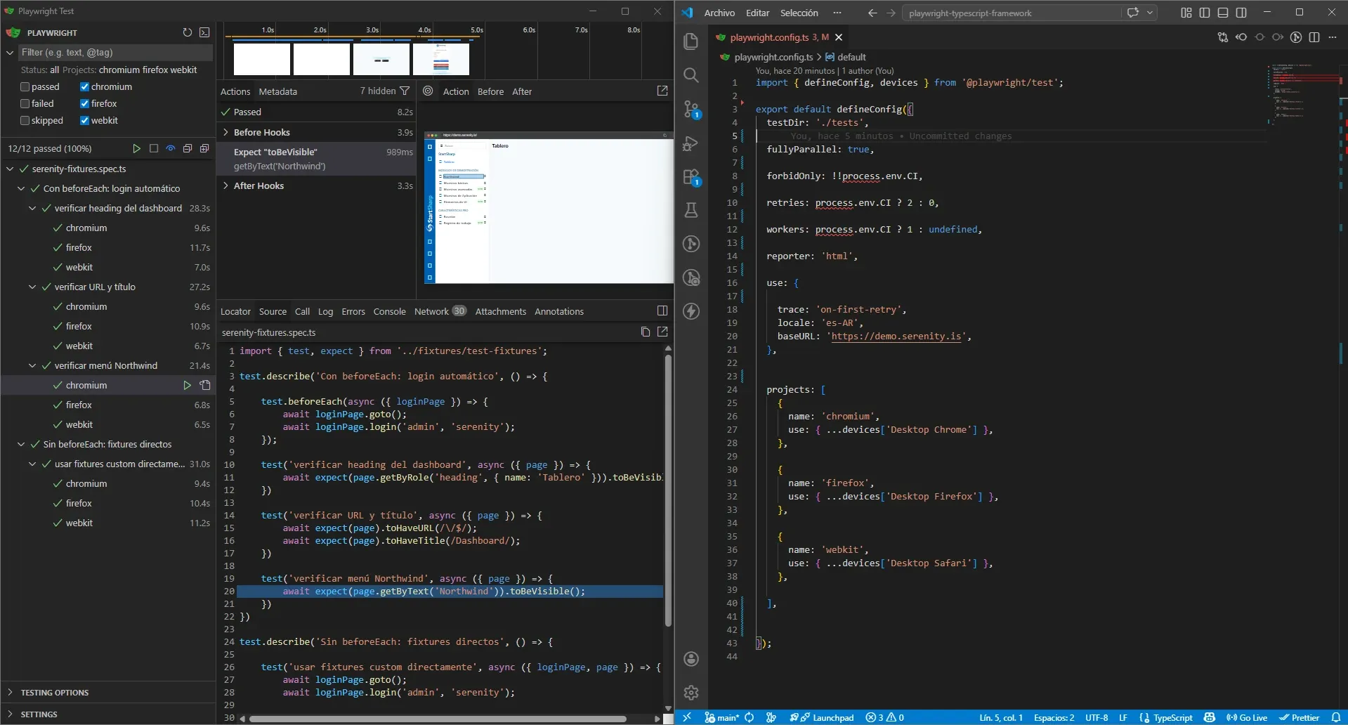 UI Mode mostrando 12 de 12 tests passed con playwright.config.ts abierto en VS Code al costado mostrando la config limpia completa