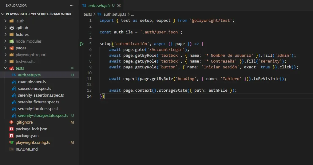 Código de auth.setup.ts en VS Code con 14 líneas mostrando login contra demo.serenity.is y storageState guardando cookies en auth user.json