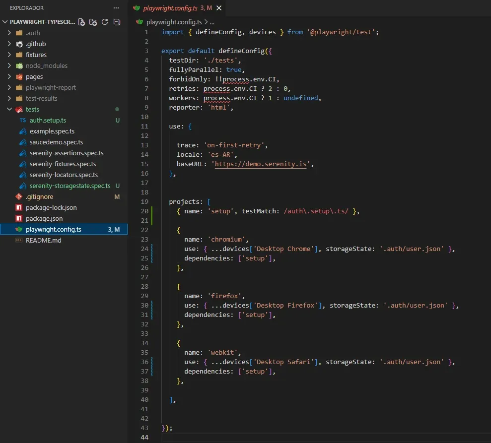 Archivo playwright.config.ts en VS Code mostrando proyecto setup con testMatch auth y tres browsers con storageState y dependencies setup