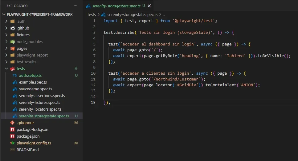 Código de serenity-storagestate.spec.ts en VS Code con 15 líneas y dos tests sin login accediendo a dashboard y clientes directamente