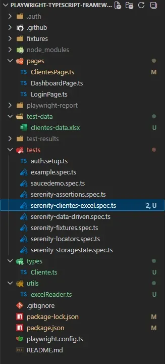 Árbol de archivos del proyecto Playwright TypeScript mostrando las carpetas nuevas test-data types utils y el spec serenity-clientes-excel.spec.ts