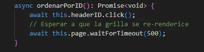 Código del método ordenarPorID con click en headerID y waitForTimeout 500ms para esperar re-renderizado de SlickGrid