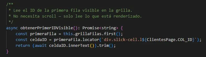 Código del método obtenerPrimerIDVisible que lee la primera fila visible de la grilla usando grillaFilas first y locator de slick-cell con COL_ID