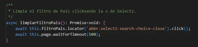 Código del método limpiarFiltroPais con click en abbr select2-search-choice-close y waitForTimeout 500ms