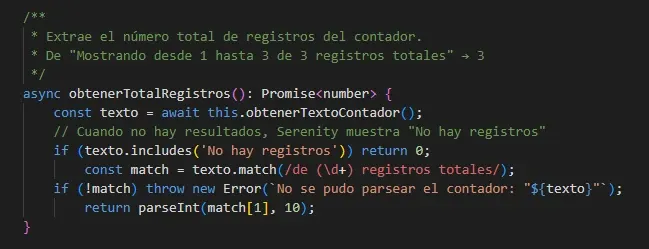 Código del método obtenerTotalRegistros con check de No hay registros retornando 0 y regex para extraer el número del texto del contador