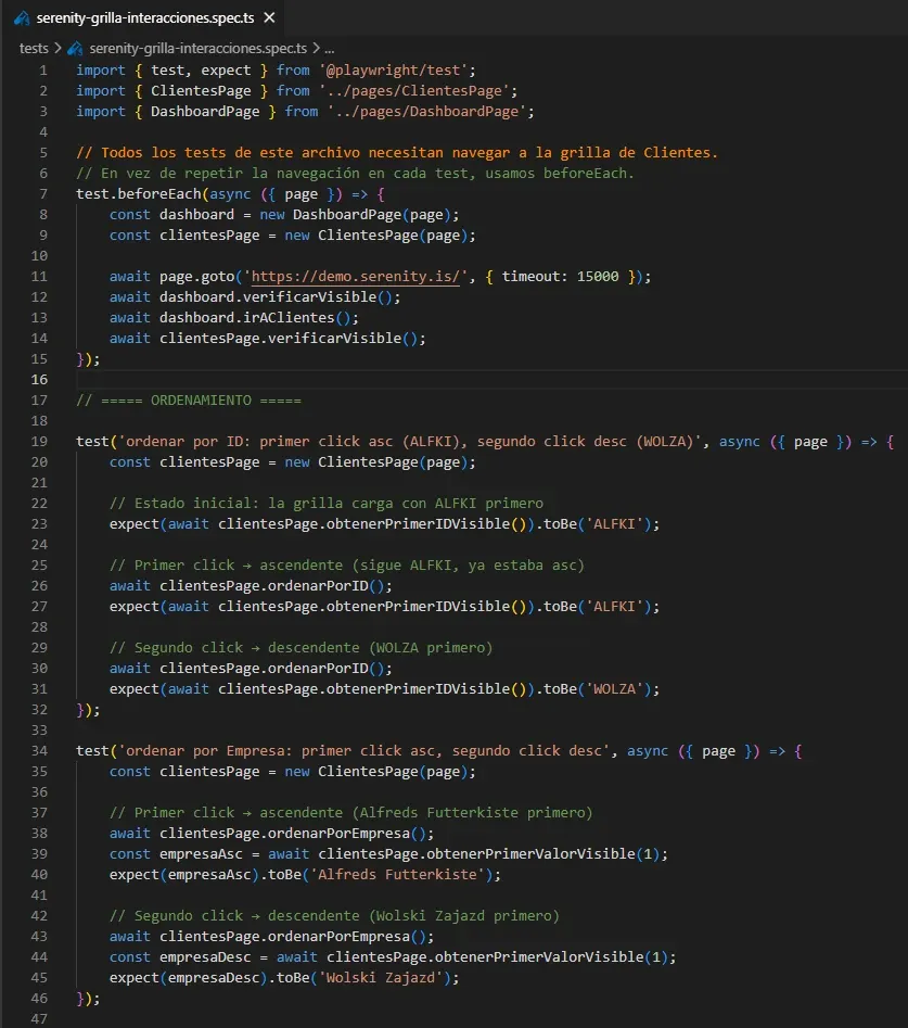 Código del spec serenity-grilla-interacciones mostrando beforeEach con navegación y los 2 tests de ordenamiento por ID y por Empresa