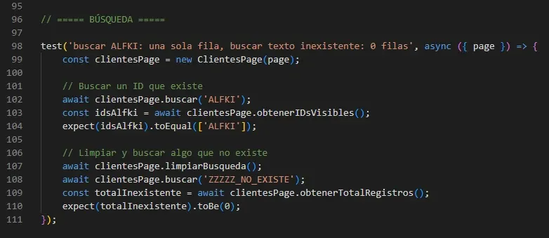 Código del spec mostrando test de búsqueda con buscar ALFKI verificar una fila y buscar ZZZZZ_NO_EXISTE verificar 0 registros