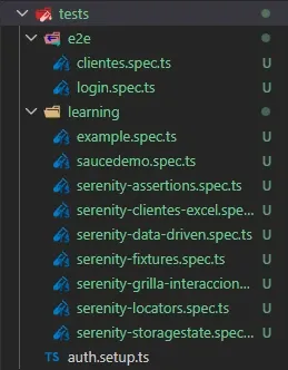 Carpeta tests en VS Code mostrando subcarpetas e2e con dos specs y learning con nueve specs didácticos, auth.setup.ts fuera de ambas