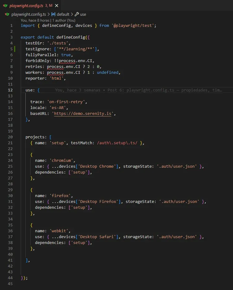 Archivo playwright.config.ts en VS Code con la línea testIgnore learning resaltada en la línea 5 junto al resto de la configuración