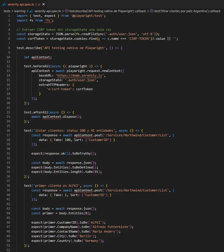 VS Code mostrando api-clientes.spec.ts líneas 1-51: imports, storageState, beforeAll con apiContext, tests listar clientes y primer cliente ALFKI