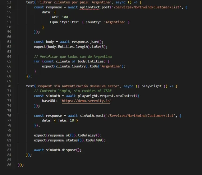 VS Code mostrando api-clientes.spec.ts líneas 53-86: test filtrar Argentina con EqualityFilter y test sin autenticación verificando status 400