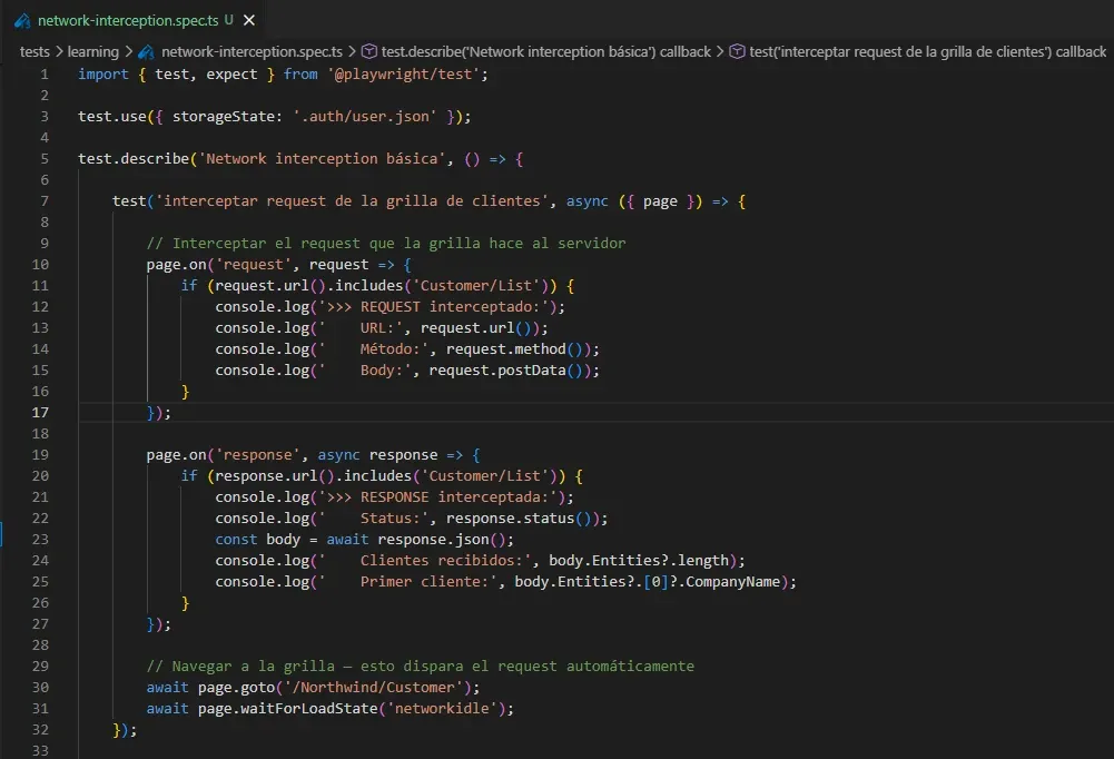 VS Code mostrando network-interception.spec.ts con page.on request y response, filtro Customer List, console.log de URL Método Body Status y Clientes recibidos